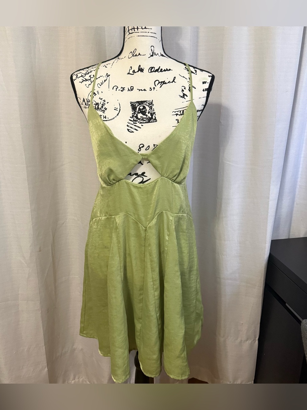 Free People Olive Green Satin Cutout Mini Dress